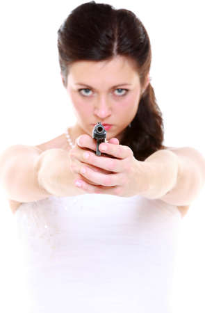 detective spy woman brunette holding gun isolated on white backgroundの写真素材