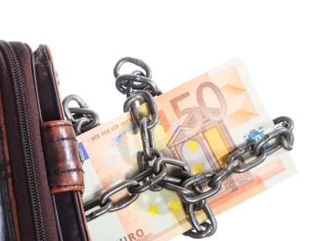 End of personal spending. Female purse euro banknote currency in chain isolated on white