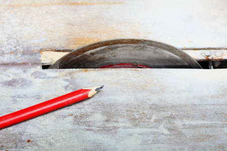 Improvement renovation at home. Construction site tool machine circular saw blades cutter used to...