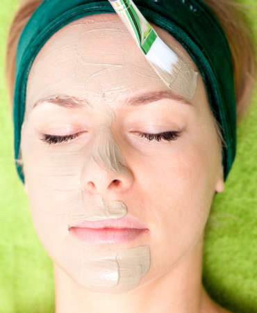 Beauty treatment concept. Woman relaxing in spa salon. Cosmetician applying clay facial mask at female face. Body care healthy lifestyle.の写真素材