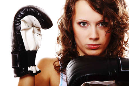 Sportswoman boxer fit woman boxing - isolated over white background