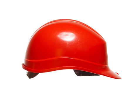 Red safety helmet hardhat of builder building worker isolated on white. Security and work. Studio.の写真素材