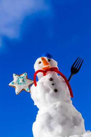 Little happy christmas snowman in blue screw top as hat red scarf and with fork gingerbread cake cookie star outdoor. Winter season seasonal specific. Blue sky background.の写真素材