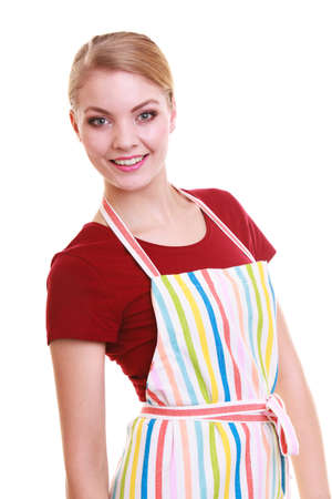 Happy housewife in kitchen apron or small business owner entrepreneur barista shop assistant isolatedの写真素材