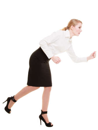 Business concept  Woman running in full body isolated on white backgroundの写真素材