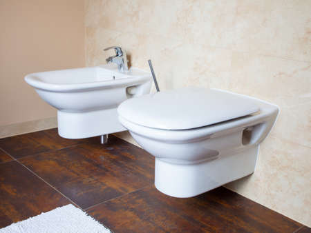 Hygiene and physiological needs. Closeup of white porcelain bidet and toilet wc. Interior of...