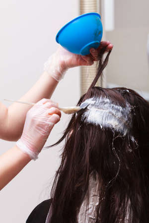 Brunette young woman in hairdressing beauty salon  Girl dying hair by hairstylist  hairdresser colouring client hair の写真素材