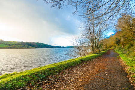 Autumn pathway Co.Cork, Ireland Europe. Beautiful landscape at the river. Orange trees leaves.