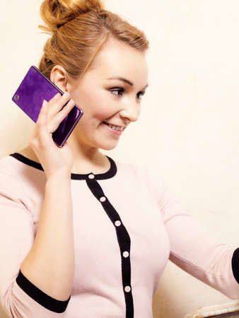 Portrait of modern businesswoman woman fashionable girl talking on the mobile phone smartphone....