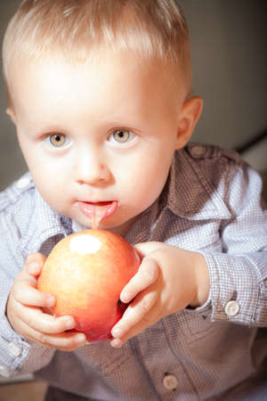 Happy childhood and healthy food  Portrait of cute baby boy child kid eating red apple seasonal fruit の写真素材