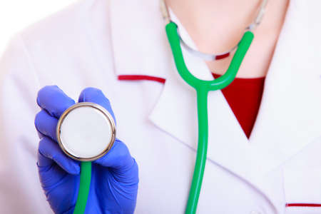 Part of female body in white lab coat  Doctor or nurse with stethoscope isolated  Medical person for health insurance の写真素材