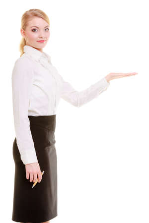 Portrait of professional businesswoman with pen recommending your product.の写真素材