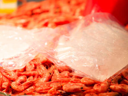 Shrimps at famous fish market (Fisketorget) in Bergen, Norwayの写真素材