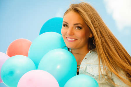 Summer holidays, celebration and lifestyle concept - beautiful woman teen girl with colorful...