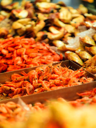 Seafood. Shrimps at famous fish market (Fisketorget) in Bergen, Norwayの写真素材