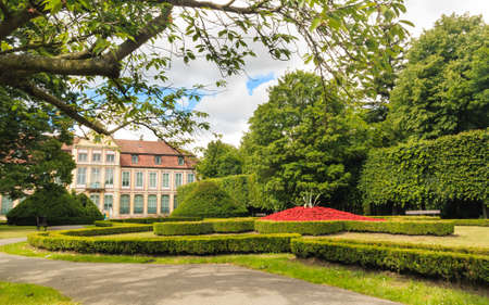 view on abbots palace landmark in gdansk danzig polish city oliva park. historical building in garden.のeditorial素材