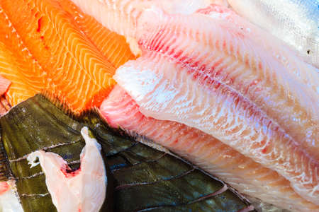 Healthy food nutrition. Various fishes in  at famous fish market (Fisketorget) in Bergen, Norway
