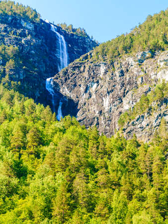 Summer mountain beautiful waterfall in Norway fjords  Europeの写真素材