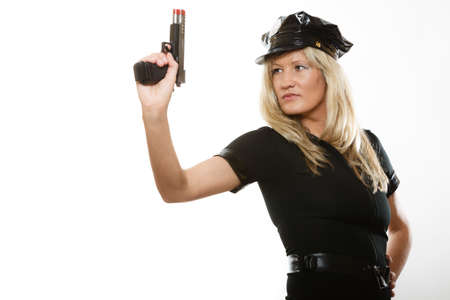 blonde female policewoman cop posing with gun handgun isolated on white background