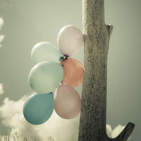Concept of love in summer, freedom and wedding honeymoon. Colorful balloon chain in the sky outdoor. Aged toneの写真素材