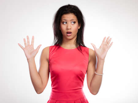 Gossip or stress. Surprised shocked scared woman. Emotional facial expression wide eyed girl mixed...