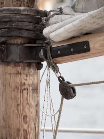 Yachting. Detail image of mast and sail system on yacht sailboatの写真素材