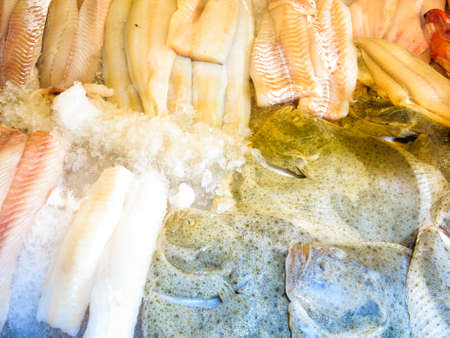 Healthy food nutrition. Various fishes in  at famous fish market (Fisketorget) in Bergen, Norwayの写真素材
