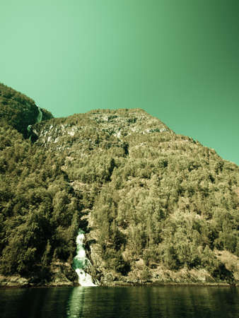 Summer mountain beautiful waterfall in Norway fjords  Europeの写真素材