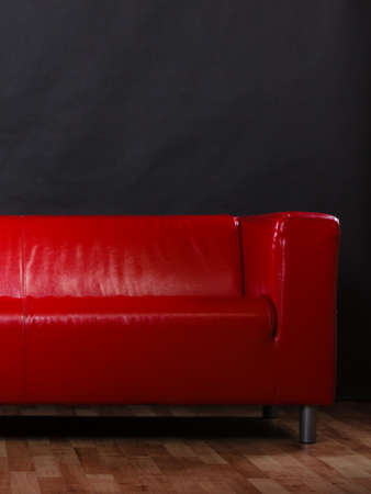 Modern furniture. Red leather sofa on black backgroundの写真素材