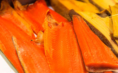 Salmon fillet as food background, fish market of Bergen, Norway.の写真素材