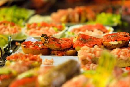 Yummy seafood sandwiches at the fish market in Bergen, Norwayの写真素材