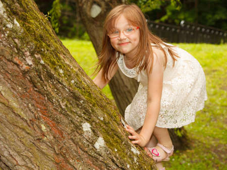 Summer children and happy chilghood concept. little girl having fun playing climbing to tree in park outdoors.の写真素材