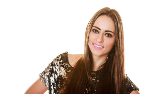 Closeup portrait attractive woman dark eyes makeup, brunette long hair girl isolated on white backgroundの写真素材