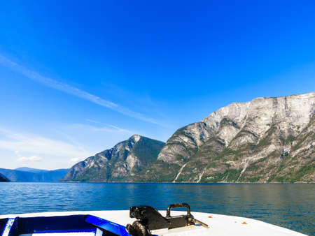 Tourism vacation and travel. Mountains and fjord Sognefjord in Norway, Scandinavia. View from boatの写真素材