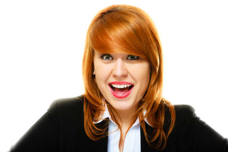 Portrait of beauty redhair toothy smiling business woman or student girl.  Isolated on white backgroundの写真素材