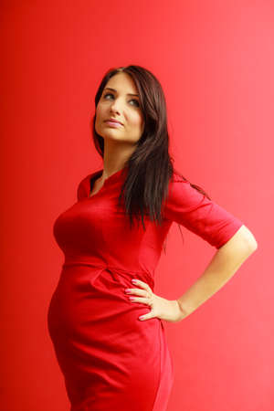 New life concept. Pregnancy, motherhood and happiness. tummy of pregnant woman wearing stylish elegant red dress indoorの写真素材