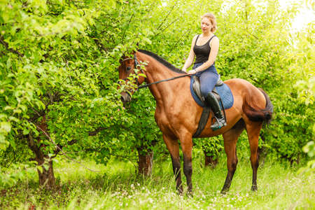 Active woman girl jockey training riding horse. Sport activity.