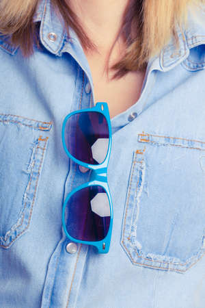Summer girl with sunglasses. protected tourist enjoyed vacation sunlight.の写真素材
