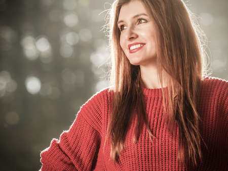 Fall lifestyle concept, harmony freedom. Beauty young woman portrait, fashion girl relaxing walking in autumnal park, outdoor sunny dayの写真素材