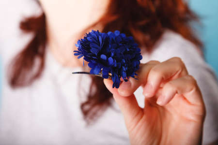 Navy blue artificial flower hairpin in female handの写真素材