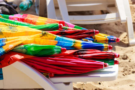 Closeup of colorful beach umbrellas. Summer vacation relax coccept.の写真素材