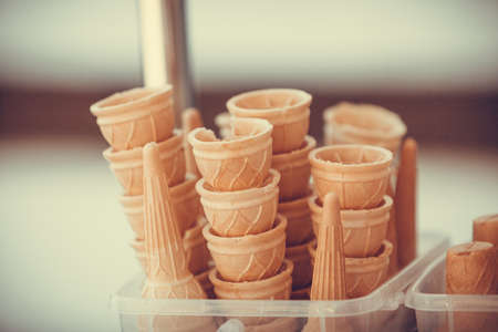 Summer and sweet food.  Empty ice cream cones.の写真素材