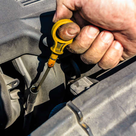 An auto mechanic checks the oil level in a car engine during routine maintenance.の写真素材
