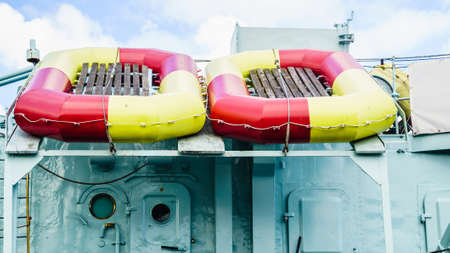 Dinghy lifeboat carried by boat ship. Security, safety.の写真素材