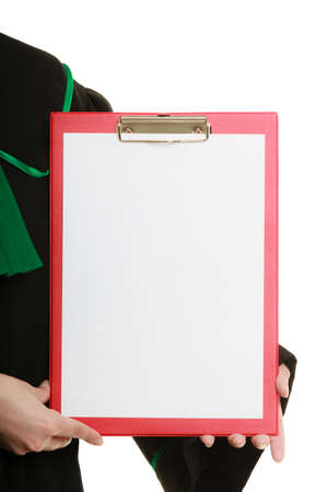Law court or justice concept. Closeup woman lawyer attorney wearing classic polish black green gown holding empty blank clipboard sign copy space for text. Isolated on whiteの写真素材