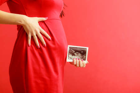 New life concept. Pregnancy, motherhood and happiness. Closeup tummy of pregnant woman wearing...