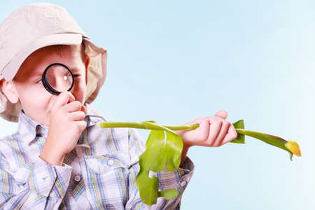 Early education nature and biology. Little boy examine flower with magnifying glass.