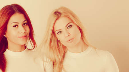 Friends dialogue between cultures. Blonde and mulatto girl together. Two young beautiful ladies, one has bright hair, second dark. Wearing white top.の写真素材