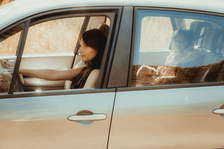 Mother and little girl child kid with seat belt fastened sitting in car. Holidays vacation trip. Safe summer travel.の写真素材