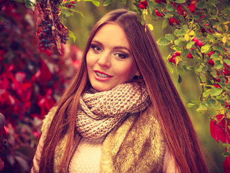 Fall lifestyle concept, harmony freedom. Beauty young woman fashion girl relaxing walking in...